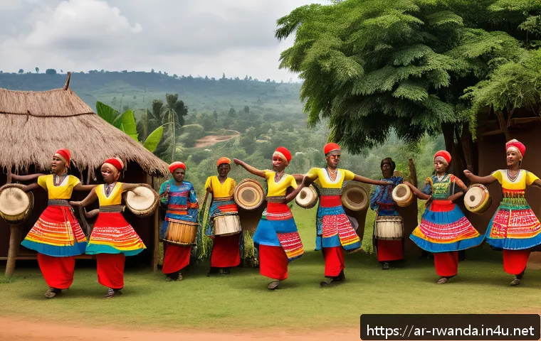 르완다의 주요 국제 문화 행사 - A vibrant traditional Rwandan cultural dance performance featuring dancers wearing colorful traditio...