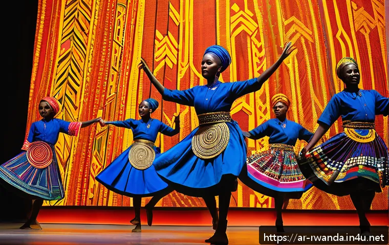 르완다 민속 춤의 현대적 활용 사례 - A vibrant contemporary art performance blending traditional Rwandan dance with modern artistic expre...