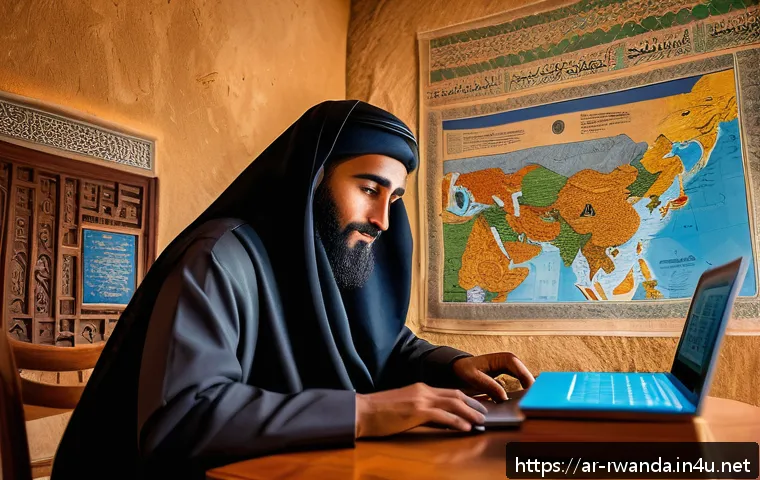 르완다 여행 안전 팁 - A detailed scene showing an Arab traveler in modest, culturally respectful clothing consulting offic...
