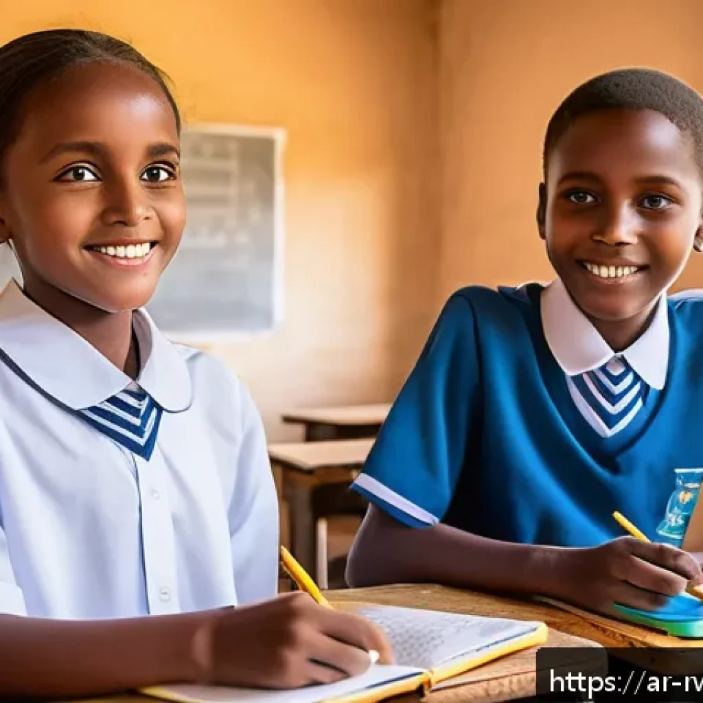 르완다의 교육 수준 - A vibrant, modern classroom in a Rwandan rural school, featuring diverse students wearing neat schoo...