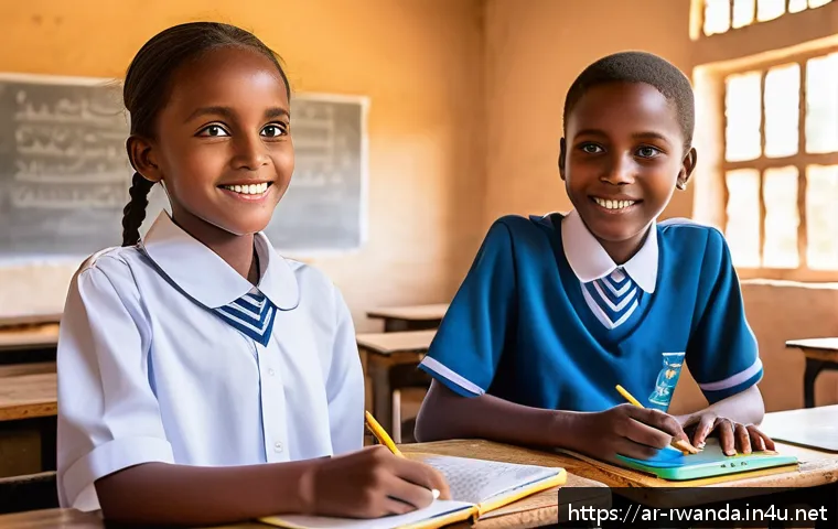 르완다의 교육 수준 - A vibrant, modern classroom in a Rwandan rural school, featuring diverse students wearing neat schoo...