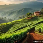 Home 18 르완다 커피 농장 체험 - A detailed, vibrant coffee farm scene in Rwanda showing volcanic soil with rich minerals, coffee tre...