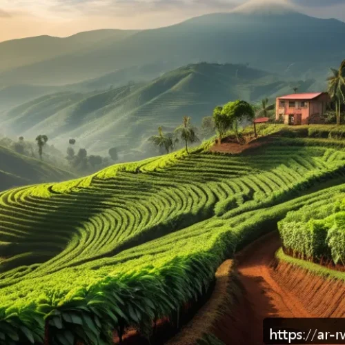 Home 30 르완다 커피 농장 체험 - A detailed, vibrant coffee farm scene in Rwanda showing volcanic soil with rich minerals, coffee tre...