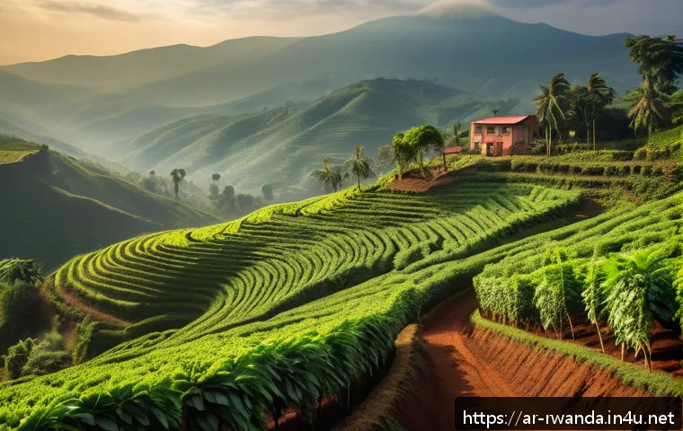르완다 커피 농장 체험 - A detailed, vibrant coffee farm scene in Rwanda showing volcanic soil with rich minerals, coffee tre...