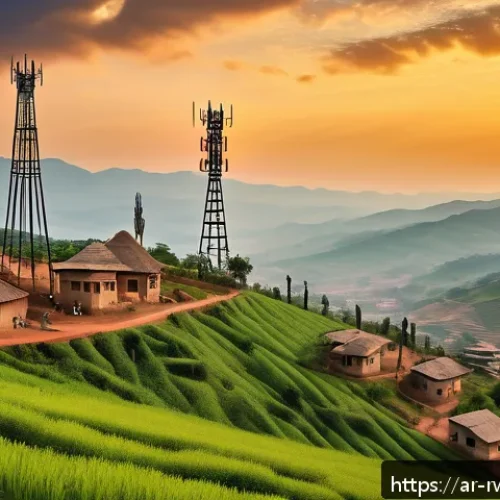 Home 17 르완다의 공공 서비스 - A vibrant digital infrastructure scene in a rural Rwandan village at sunset, featuring local residen...
