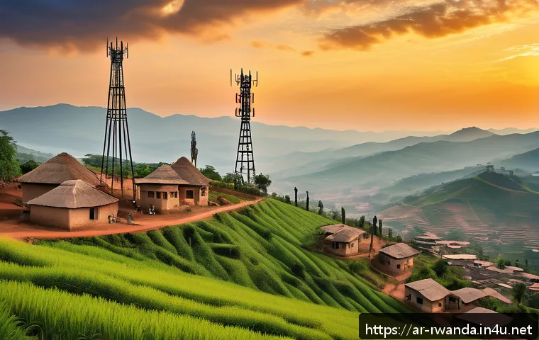 르완다의 공공 서비스 - A vibrant digital infrastructure scene in a rural Rwandan village at sunset, featuring local residen...