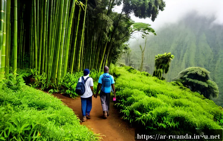 르완다에서의 생태 관광 - Photorealistic eco-tourism scene in Rwanda’s Volcanoes National Park, a small respectful group of Ar...