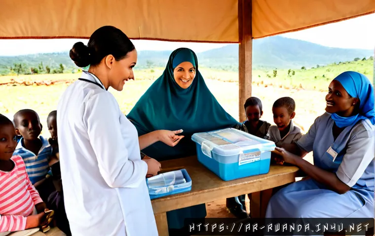 Home 17 르완다의 주요 NGO 이슈 - Photorealistic documentary-style scene in rural Rwanda, a diverse NGO field team including a modestl...