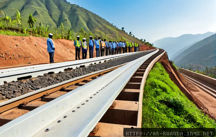 르완다의 철도 프로젝트 - Photorealistic wide-angle view of a modern railway construction project in Rwanda, newly laid steel ...