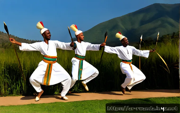 르완다 민속 춤의 주요 스타일과 특징 - Photorealistic Rwandan Intore folk dance performance, young male dancers in traditional cream garmen...