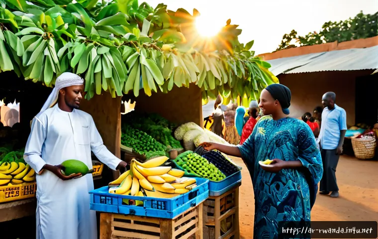 르완다에서의 지역 시장 탐방 - Photorealistic morning visit to a vibrant local market in Rwanda, friendly Rwandan vendors arranging...