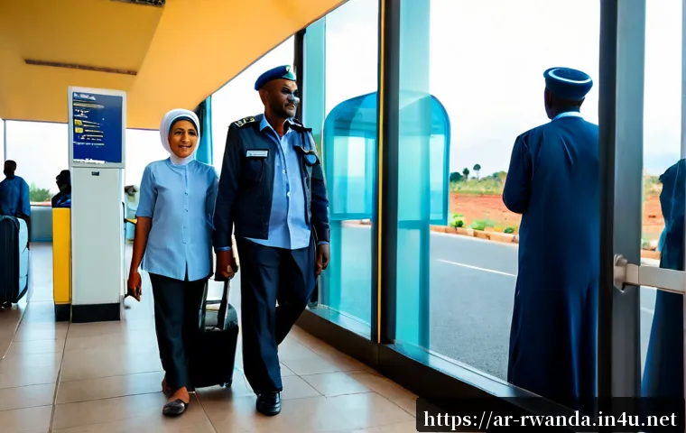르완다의 국경 절차 - Photorealistic border crossing in Rwanda, a Middle Eastern Arab family in modest travel clothing cal...