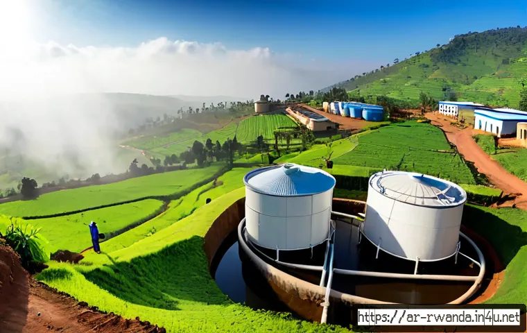 르완다의 수자원 관리 - Photorealistic wide-angle view of Rwanda’s rolling green hills with a modern community rainwater har...