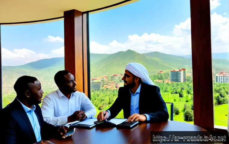 르완다에서의 투자 혜택 - Photorealistic business meeting in Kigali, Rwanda, an Arab investor in modest professional attire di...