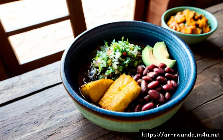 Home 30 르완다 전통 음식의 종류 - Photorealistic overhead food photography of a traditional Rwandan meal arranged on a rustic wooden t...