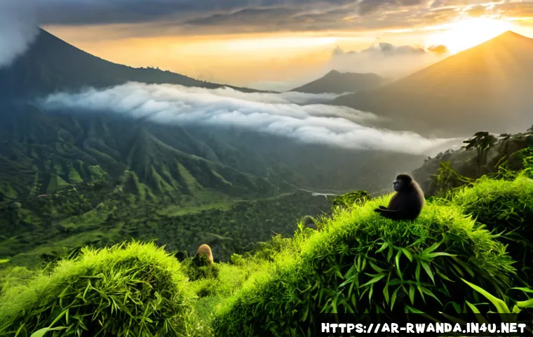 르완다의 국립 공원 개요 - Photorealistic wide landscape of Volcanoes National Park in Rwanda at dawn, a peaceful family of mou...