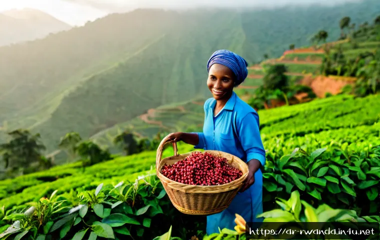 Home 17 르완다의 주요 직업군 - Photorealistic Rwandan coffee farming scene at sunrise, a skilled female farmer in modest practical ...
